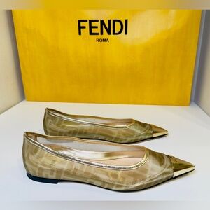 Fendi Colibri FF Mesh Ballerina Flats Gold Pointed Logo Engraved Metal Size 37